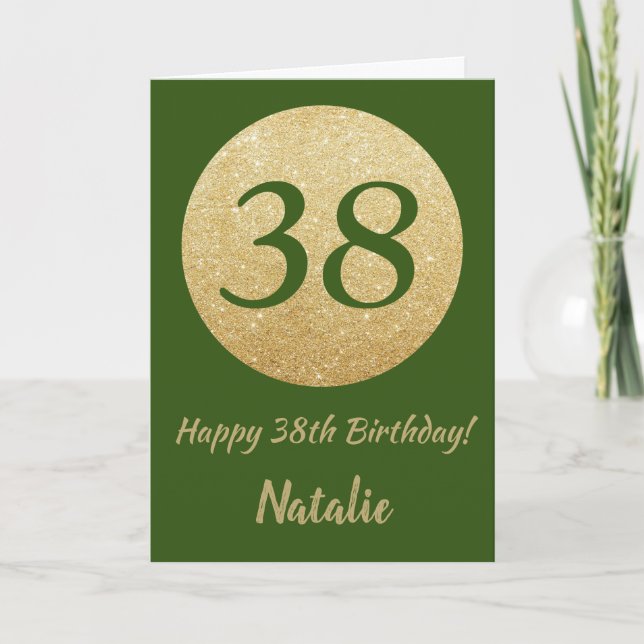 Feliz 38 cumpleaños, tarjeta Purpurina verde y dor (Anverso)