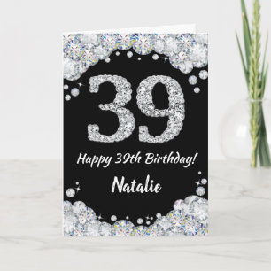 Feliz 39 cumpleaños tarjeta de Purpurina negro y p