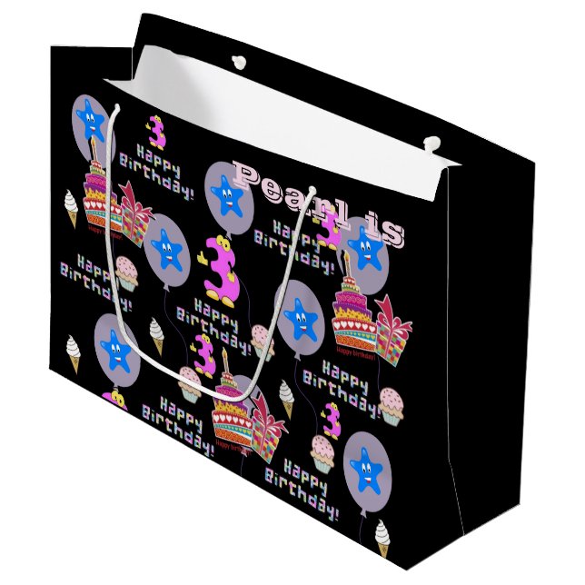 Feliz 3er cumpleaños bolsa de regalo #3 negro (Angulo Anverso)