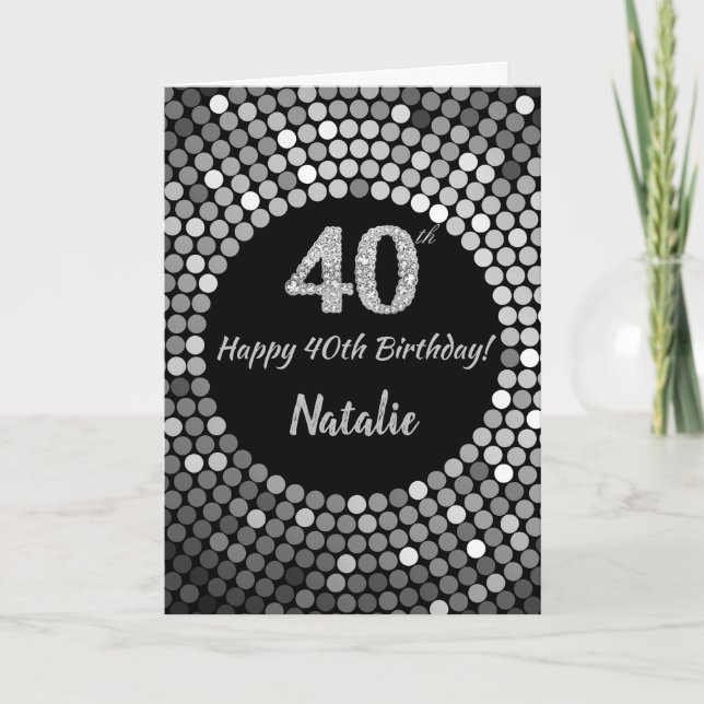 Feliz 40 cumpleaños, tarjeta Purpurina negra y pla (Anverso)