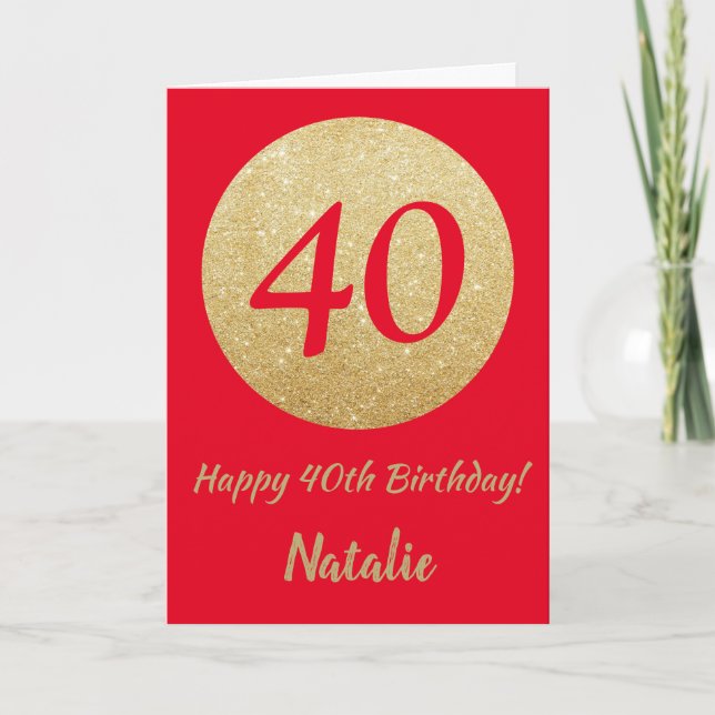 Feliz 40 cumpleaños, tarjeta Purpurina roja y dora (Anverso)