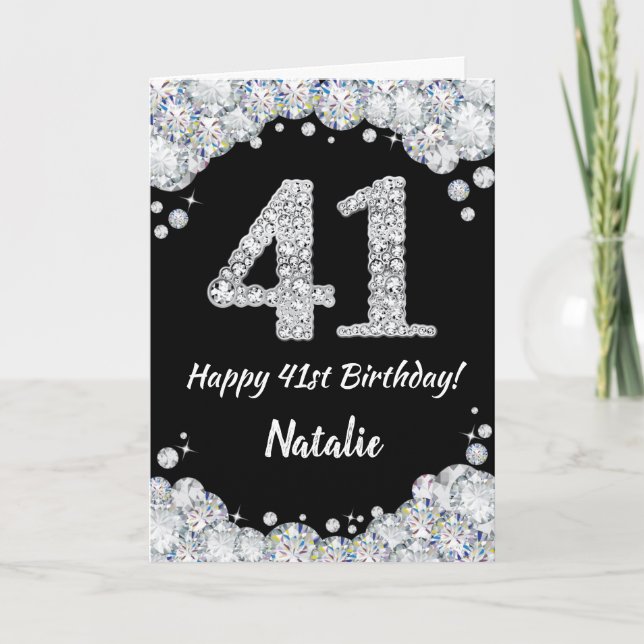 Feliz 41 cumpleaños tarjeta de Purpurina negro y p (Anverso)