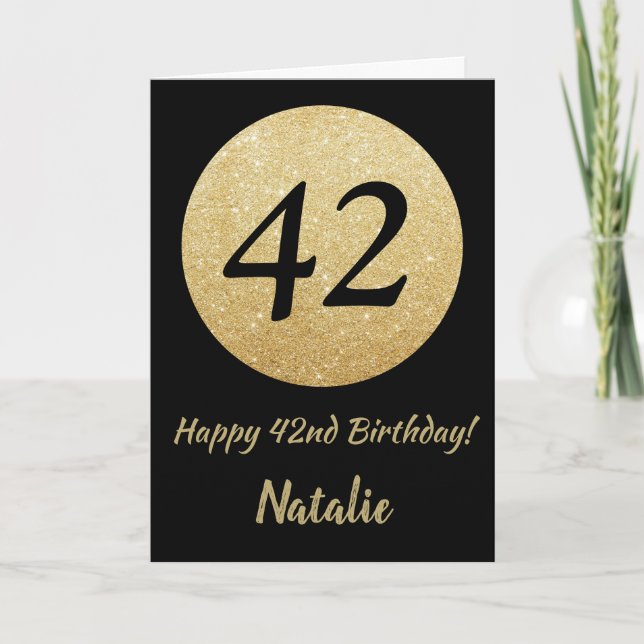 Feliz 42º cumpleaños, tarjeta de Purpurina de oro  (Anverso)