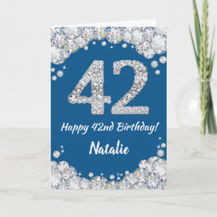 Feliz 42º cumpleaños tarjeta Purpurina azul y plat
