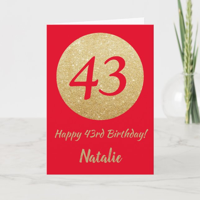 Feliz 43 cumpleaños, tarjeta de Purpurina roja y d (Anverso)