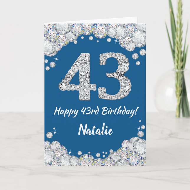 Feliz 43 cumpleaños tarjeta Purpurina azul y plate (Anverso)