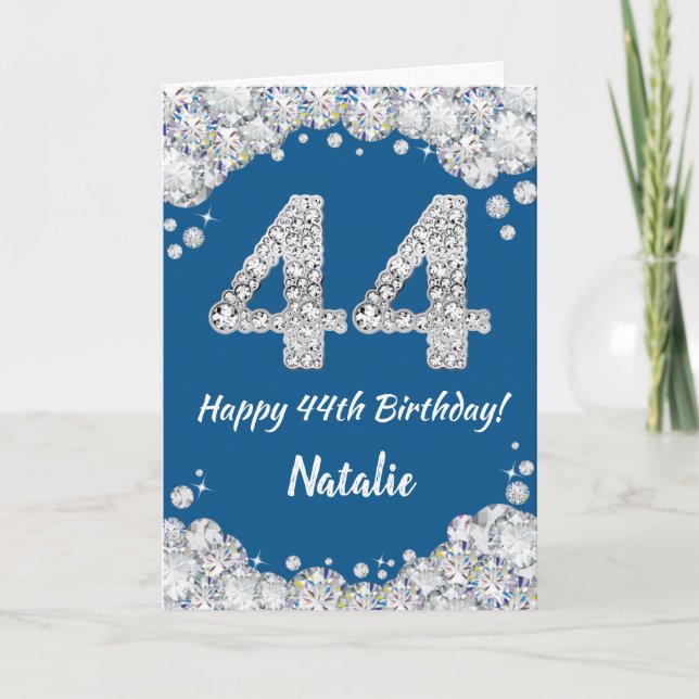 Feliz 44º cumpleaños tarjeta Purpurina azul y plat (Anverso)