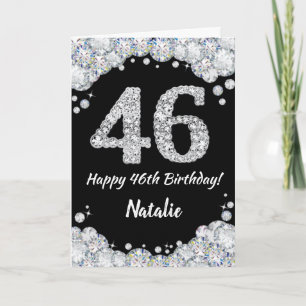 Feliz 46º cumpleaños tarjeta de Purpurina negro y