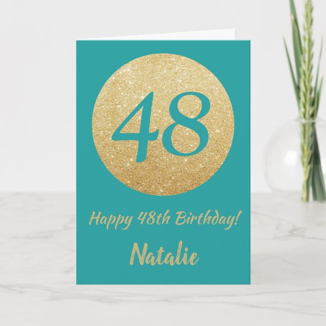 Feliz 48 cumpleaños, tarjeta Verde azulada y Purpu (Anverso)