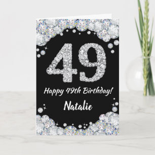 Feliz 49º cumpleaños tarjeta de Purpurina negro y