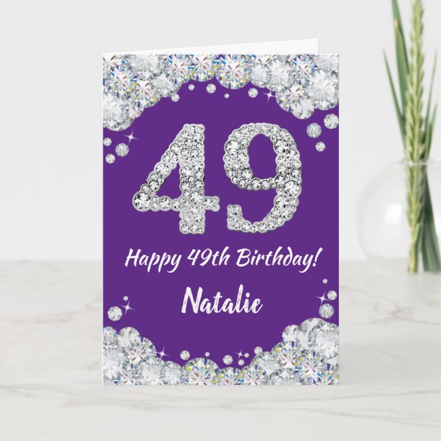 Feliz 49º cumpleaños, tarjeta Purpurina morada y p (Anverso)