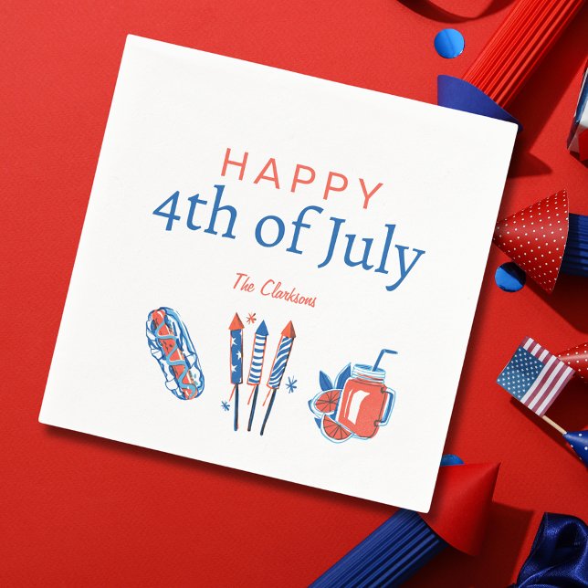 Feliz 4 de julio, servilleta de papel de fuegos ar (Happy 4th of July Vintage Fireworks Paper Napkin
)
