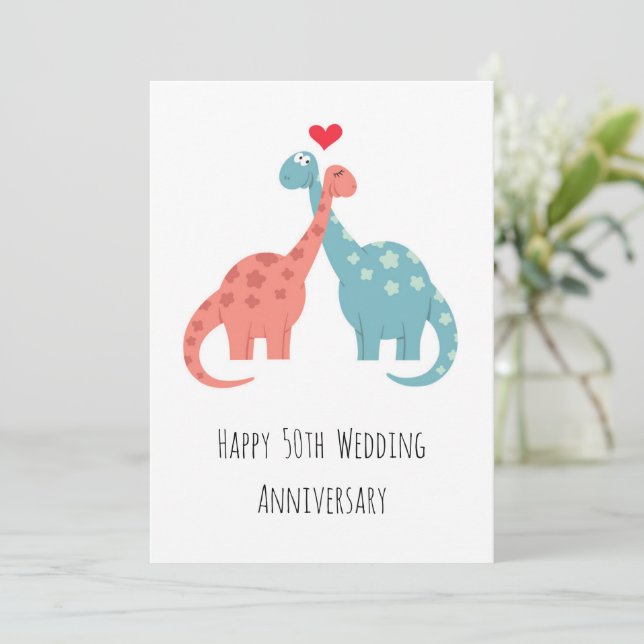 Feliz 50 aniversario Boda tarjeta de dinosaurios (Anverso de pie)