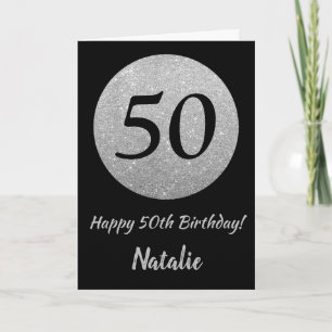 Feliz 50 cumpleaños tarjeta de Purpurina negro y p
