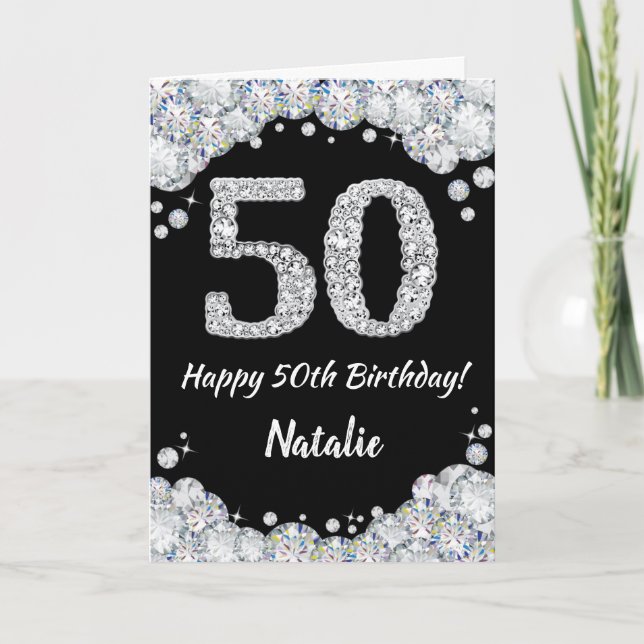 Feliz 50 cumpleaños tarjeta de Purpurina negro y p (Anverso)