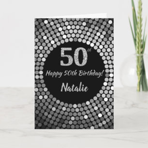 Feliz 50 cumpleaños tarjeta de Purpurina negro y p