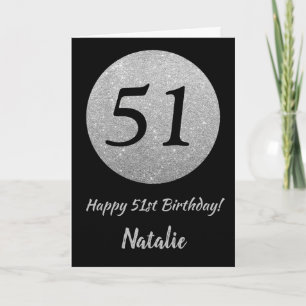 Feliz 51 cumpleaños tarjeta de Purpurina negro y p