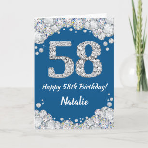 Feliz 58 cumpleaños tarjeta Purpurina azul y plate