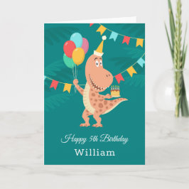 Feliz 5° cumpleaños tarjeta de dinosaurio en globo
