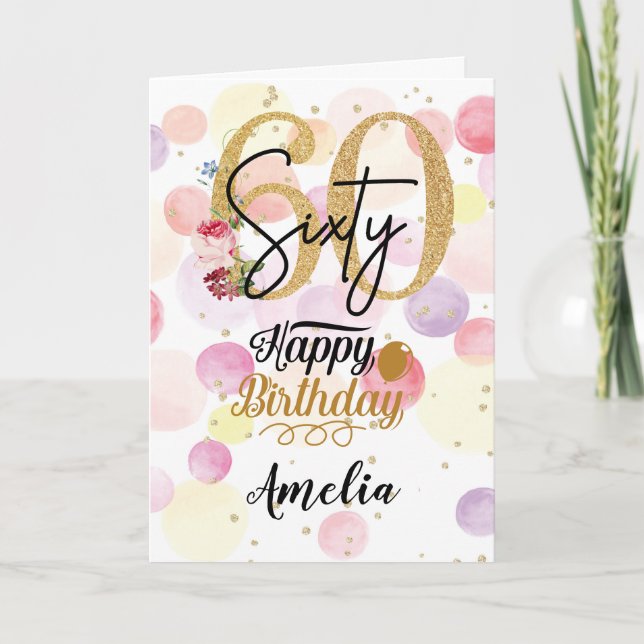 Feliz 60 cumpleaños Pastel Tarjeta de Oro Arcoiris (Anverso)