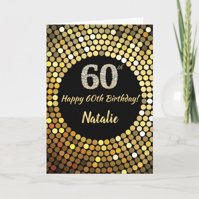 Feliz 60 cumpleaños tarjeta de Purpurina de oro y  (Anverso)