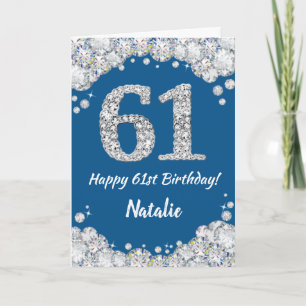 Feliz 61 cumpleaños tarjeta Purpurina azul y plate