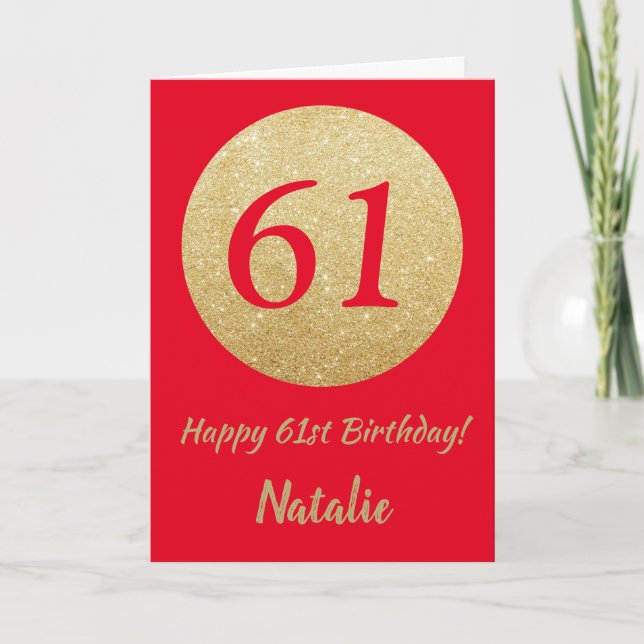 Feliz 61 cumpleaños Tarjeta Purpurina roja y de or (Anverso)