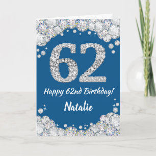 Feliz 62º cumpleaños tarjeta Purpurina azul y plat