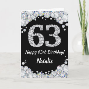 Feliz 63 cumpleaños, tarjeta de Purpurina negro y