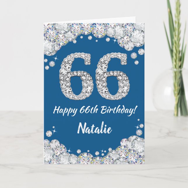 Feliz 66º cumpleaños tarjeta Purpurina azul y plat (Anverso)