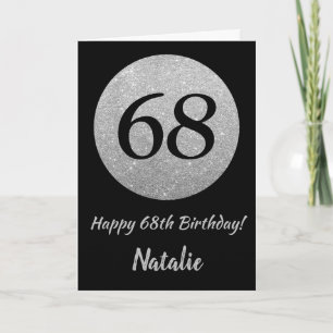Feliz 68º cumpleaños tarjeta Purpurina negra y pla