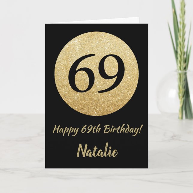 Feliz 69º cumpleaños tarjeta de Purpurina de oro y (Anverso)