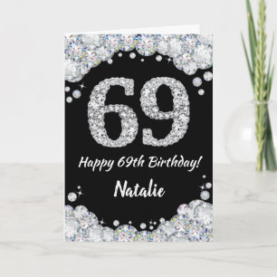Feliz 69º cumpleaños tarjeta de Purpurina negro y