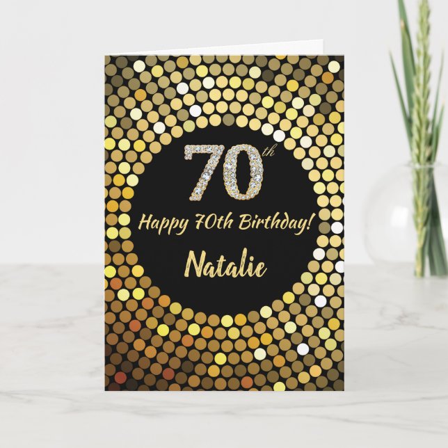 Feliz 70 cumpleaños tarjeta de Purpurina de oro y  (Anverso)