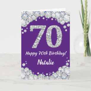 Feliz 70 cumpleaños, tarjeta Purpurina morada y pl