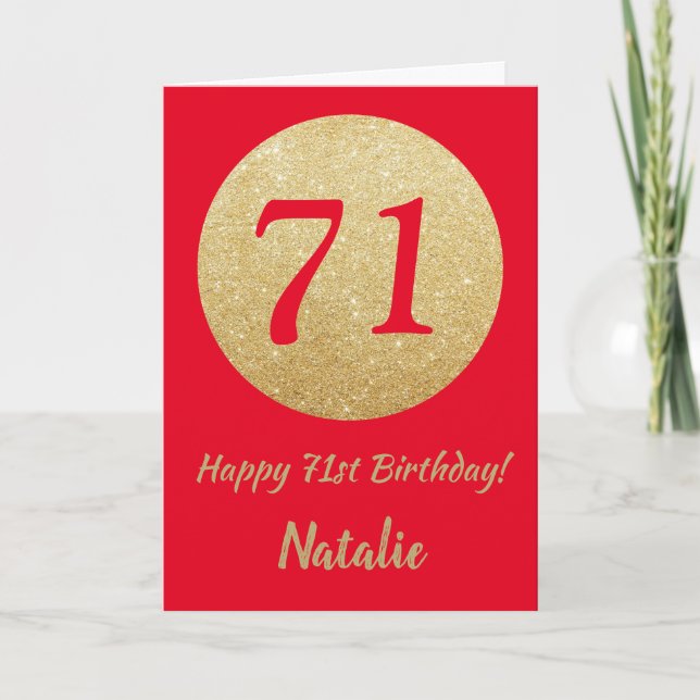 Feliz 71 cumpleaños Tarjeta Purpurina roja y de or (Anverso)