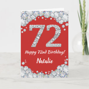 Feliz 72 cumpleaños, tarjeta de Purpurina roja y p