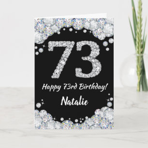 Feliz 73 cumpleaños, tarjeta de Purpurina negro y