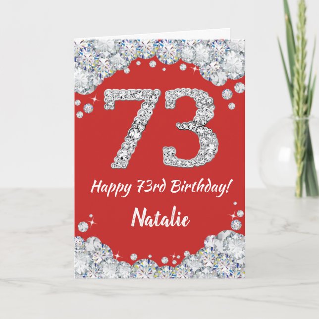 Feliz 73 cumpleaños tarjeta de Purpurina roja y pl (Anverso)