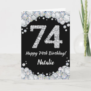 Feliz 74º cumpleaños tarjeta de Purpurina negro y 