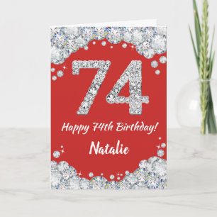 Feliz 74º cumpleaños Tarjeta Purpurina roja y plat
