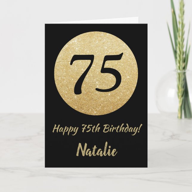 Feliz 75º cumpleaños tarjeta de Purpurina de oro y (Anverso)