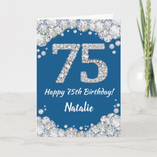Feliz 75 cumpleaños tarjeta Purpurina azul y plate