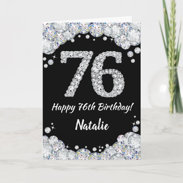 Feliz 76º cumpleaños tarjeta de Purpurina negro y  (Anverso)