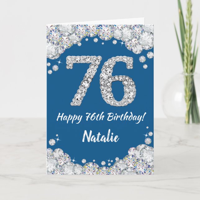 Feliz 76º cumpleaños tarjeta Purpurina azul y plat (Anverso)
