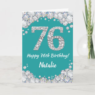 Feliz 76º cumpleaños, tarjeta Purpurina Verde azul