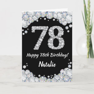 Feliz 78º cumpleaños tarjeta Purpurina negra y pla