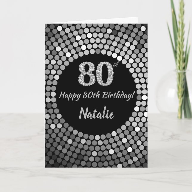 Feliz 80 cumpleaños, tarjeta Purpurina negra y pla (Anverso)