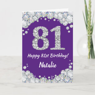 Feliz 81 cumpleaños, tarjeta Purpurina morada y pl
