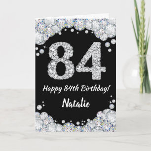 Feliz 84º cumpleaños tarjeta de Purpurina negro y